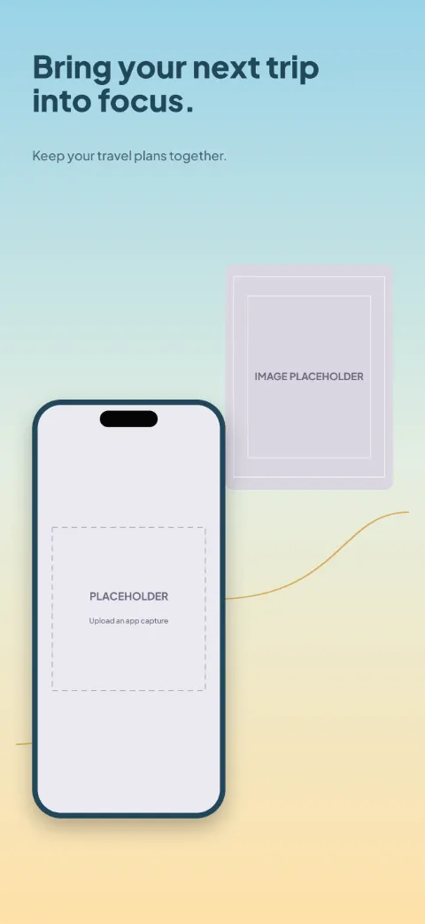 Roam Ready slide 1 (promise): “Bring your next trip into focus.” over a light gradient background with a trip overview screen slot and passport-style frame.