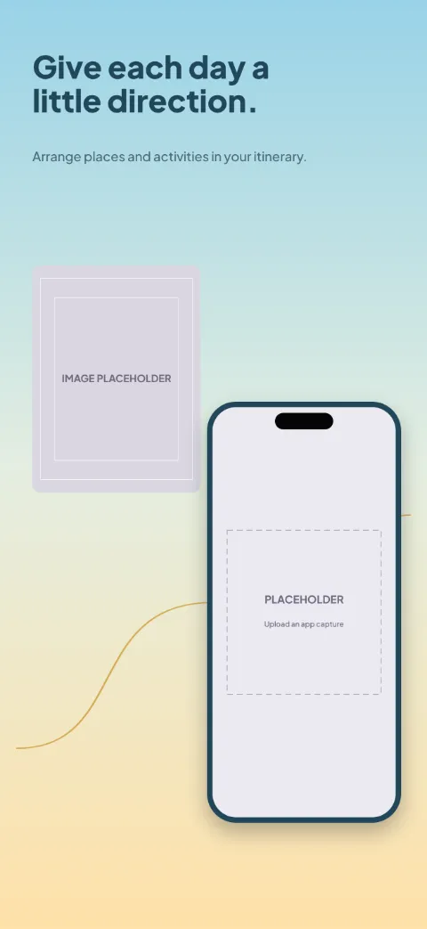 Roam Ready slide 2 (primary feature): “Give each day a little direction.” over a light gradient background with a itinerary screen slot and passport-style frame.