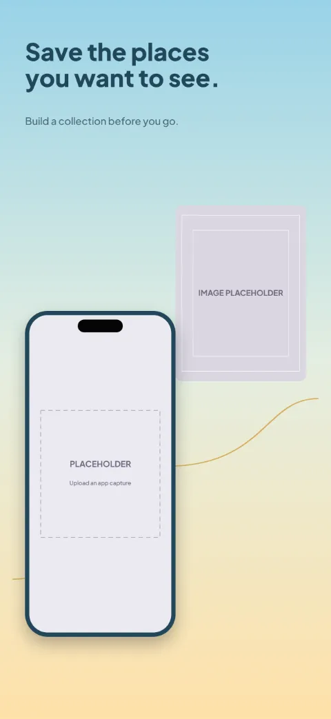Roam Ready slide 3 (secondary feature): “Save the places you want to see.” over a light gradient background with a saved places screen slot and passport-style frame.