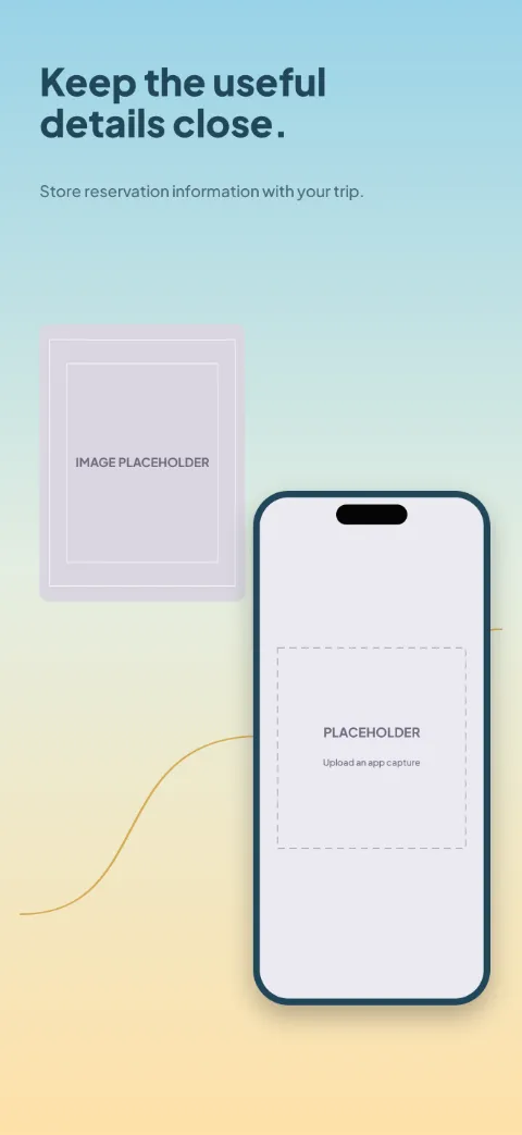 Roam Ready slide 4 (personalisation): “Keep the useful details close.” over a light gradient background with a reservations screen slot and passport-style frame.
