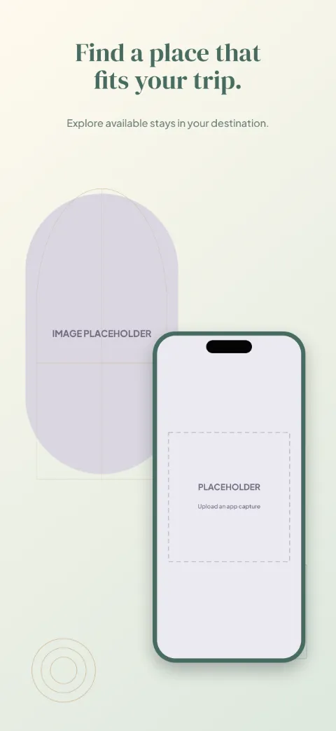 Stay Somewhere slide 1 (promise): “Find a place that fits your trip.” over a light gradient background with a discovery screen slot and window arch.