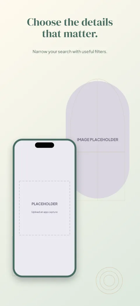 Stay Somewhere slide 2 (primary feature): “Choose the details that matter.” over a light gradient background with a filters screen slot and window arch.