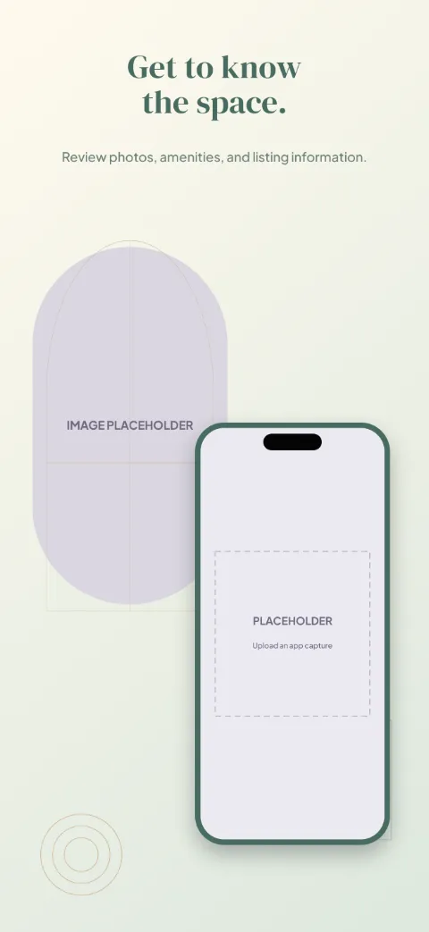Stay Somewhere slide 3 (secondary feature): “Get to know the space.” over a light gradient background with a property detail screen slot and window arch.