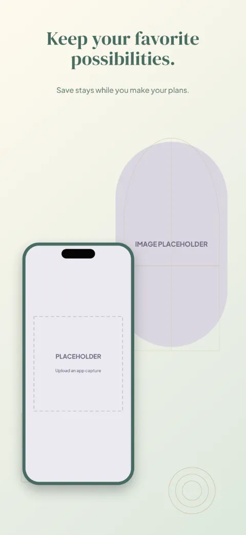 Stay Somewhere slide 4 (personalisation): “Keep your favorite possibilities.” over a light gradient background with a saved stays screen slot and window arch.