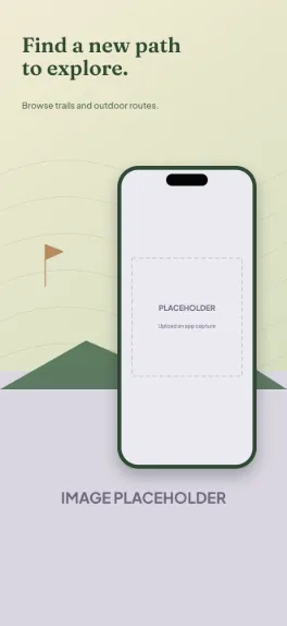Trail Bound travel screenshot template: five slides, forest and sandstone with detailed topographic lines over an outdoor photo slot.
