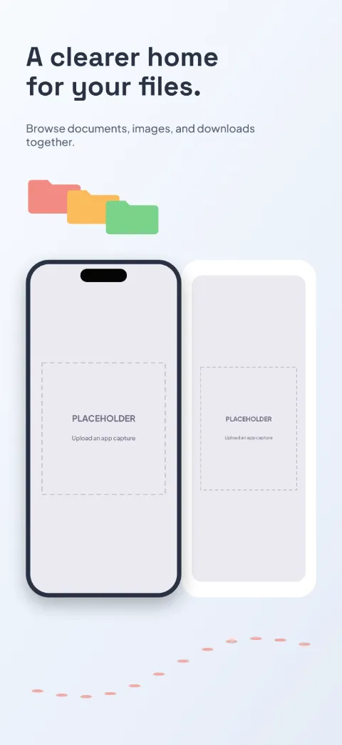 File Flow slide 1 (promise): “A clearer home for your files.” over a light gradient background with a browser (crop) screen slot and folder tab 1.