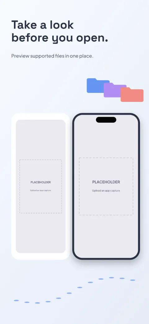 File Flow slide 4 (personalisation): “Take a look before you open.” over a light gradient background with a preview (crop) screen slot and folder tab 1.