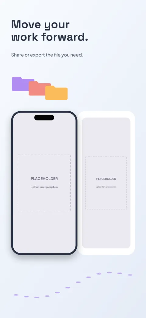 File Flow slide 5 (closing): “Move your work forward.” over a light gradient background with a sharing (crop) screen slot and folder tab 1.