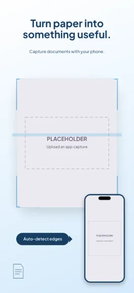 Pocket Scan utilities screenshot template: five slides, glacier blue and white, crop brackets around a large page crop, small full phone.