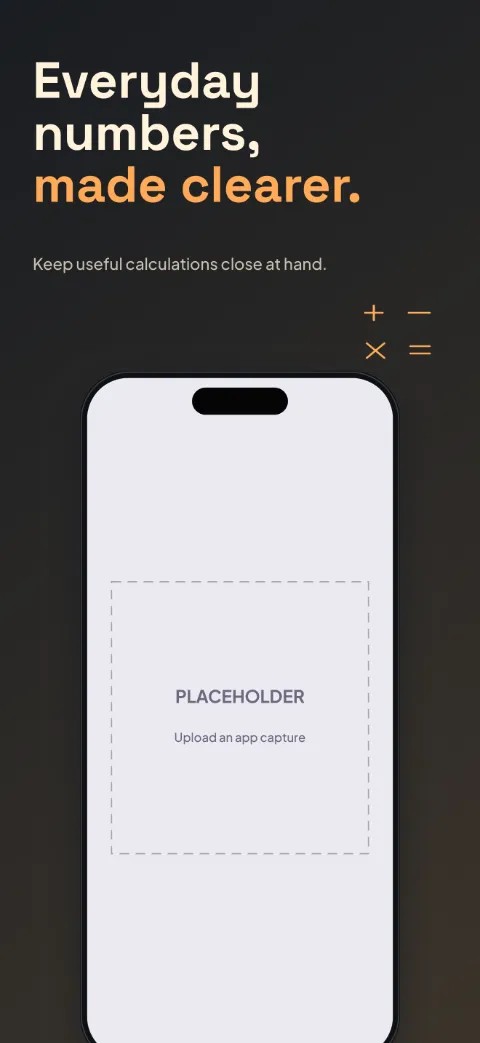 Quick Math slide 1 (promise): “Everyday numbers, [[made clearer.]]” over a dark gradient background with a calculator screen slot and operators.