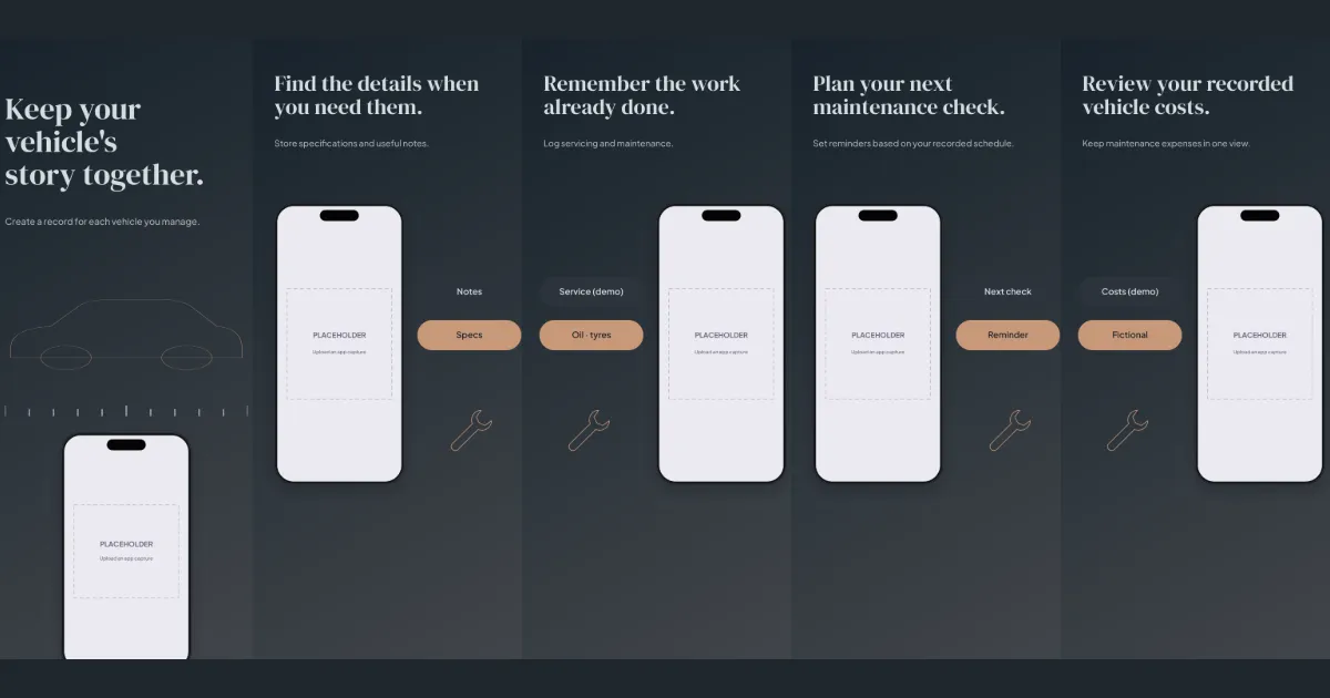 Car Journal vehicle maintenance screenshot template: five slides, graphite, silver and muted copper.