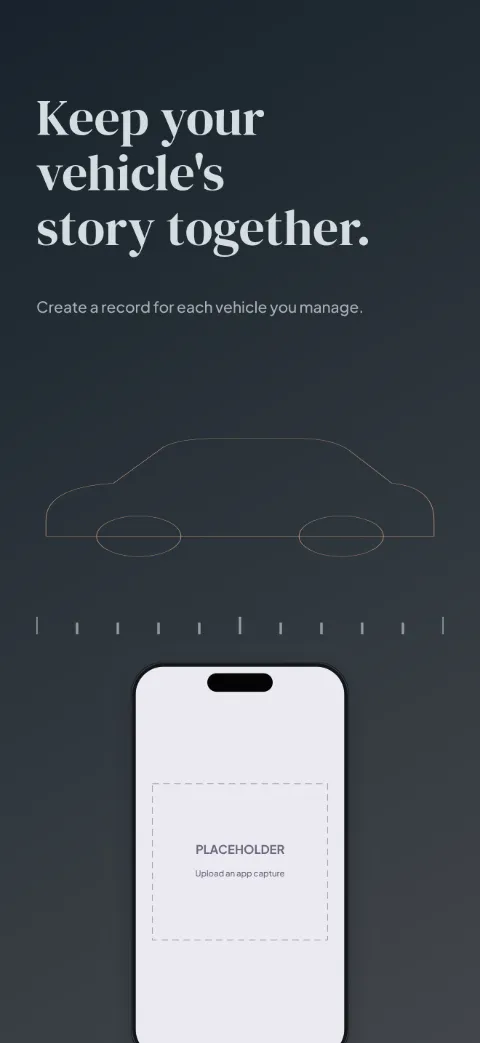 Car Journal slide 1 (promise): “Keep your vehicle's story together.” over a dark gradient background with a garage screen slot and vehicle contour.