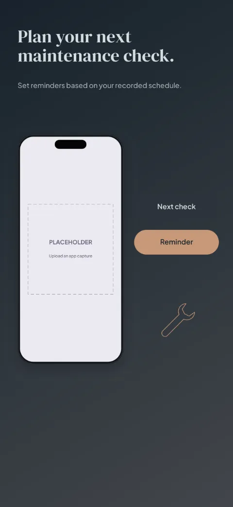 Car Journal slide 4 (personalisation): “Plan your next maintenance check.” over a dark gradient background with a reminders screen slot and service tool.