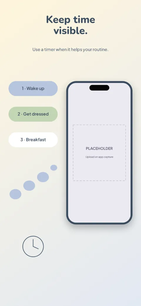 Easy Steps slide 4 (personalisation): “Keep time visible.” over a light gradient background with a timer screen slot and stepping stones.