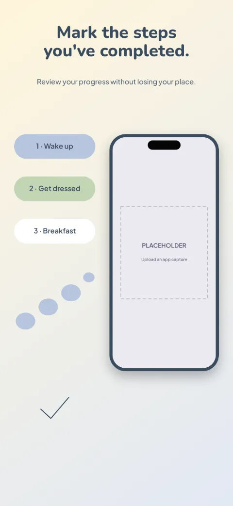 Easy Steps slide 5 (closing): “Mark the steps you've completed.” over a light gradient background with a completion screen slot and stepping stones.