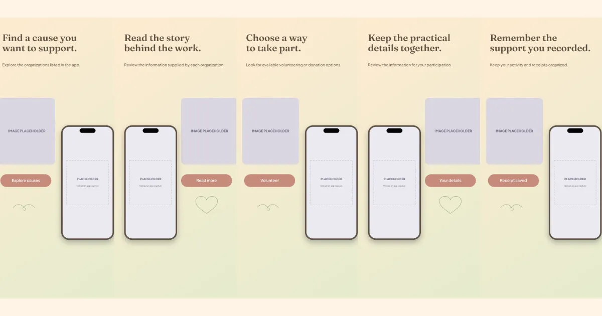 Give Together volunteering donations screenshot template: five slides, warm coral, cream and muted green.