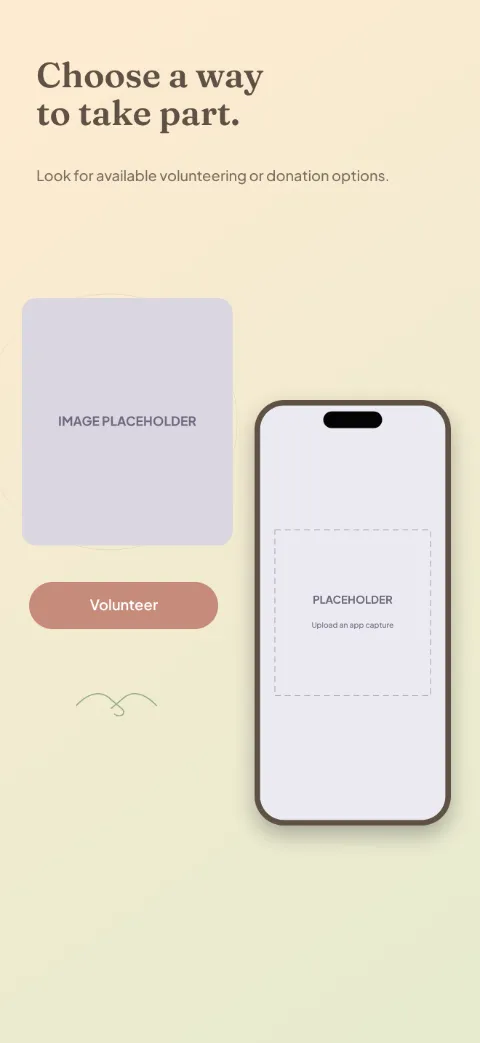 Give Together slide 3 (secondary feature): “Choose a way to take part.” over a light gradient background with a opportunity screen slot and community circles.