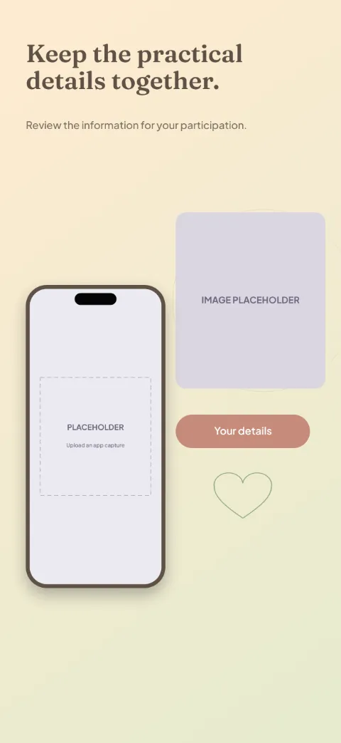 Give Together slide 4 (personalisation): “Keep the practical details together.” over a light gradient background with a participation screen slot and community circles.