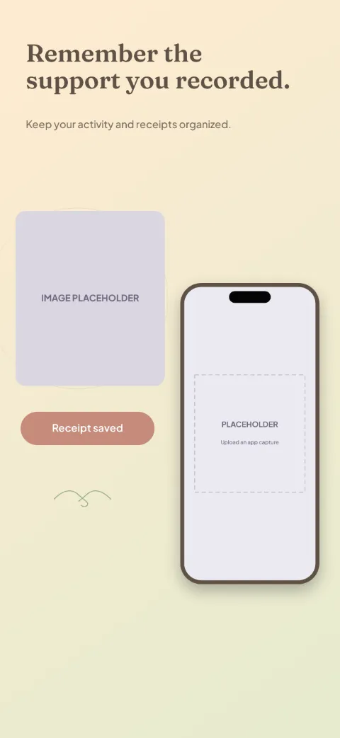 Give Together slide 5 (closing): “Remember the support you recorded.” over a light gradient background with a records screen slot and community circles.