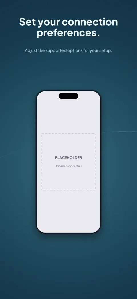 Open Route slide 4 (personalisation): “Set your connection preferences.” over a dark radial background with a settings screen slot and globe meridians.