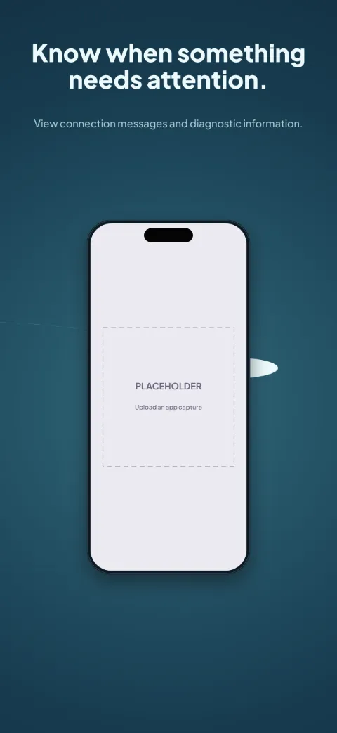 Open Route slide 5 (closing): “Know when something needs attention.” over a dark radial background with a diagnostics screen slot and globe meridians.
