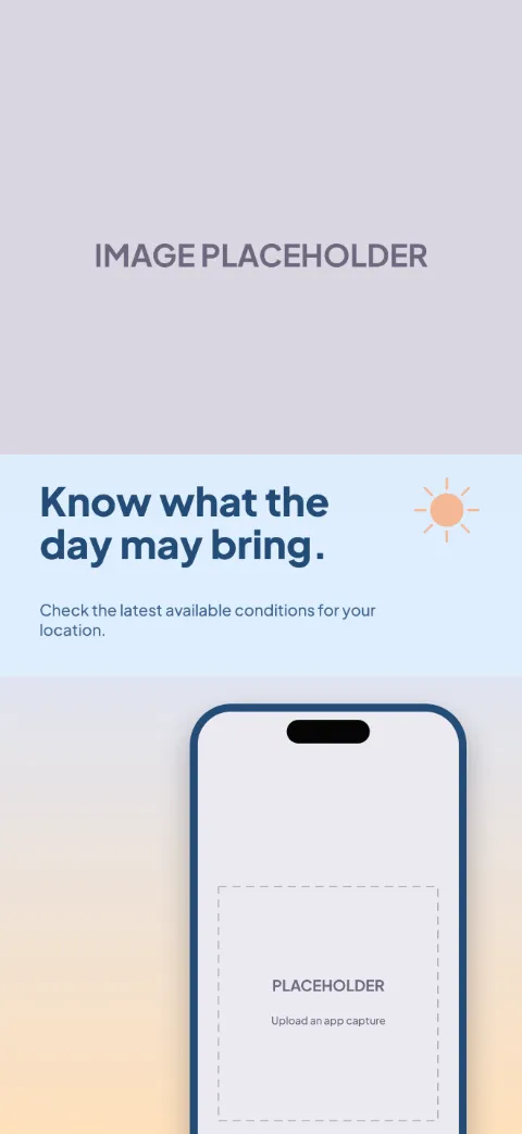 Forecast View slide 1 (promise): “Know what the day may bring.” over a light gradient background with a current conditions screen slot and sun disk.