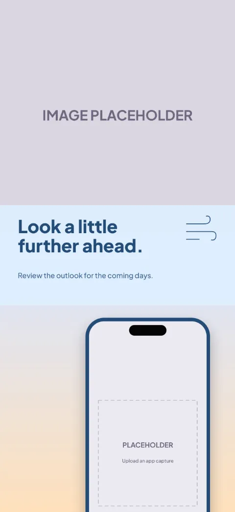 Forecast View slide 3 (secondary feature): “Look a little further ahead.” over a light gradient background with a weekly screen slot and wind curves.