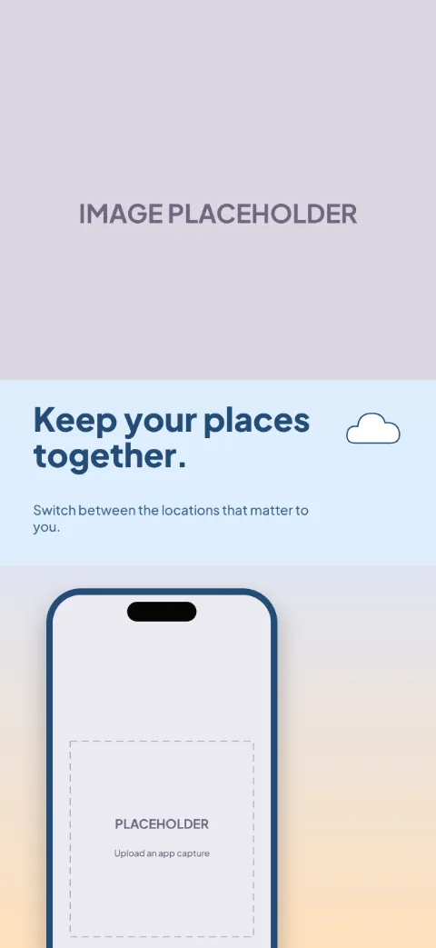Forecast View slide 4 (personalisation): “Keep your places together.” over a light gradient background with a locations screen slot and cloud.