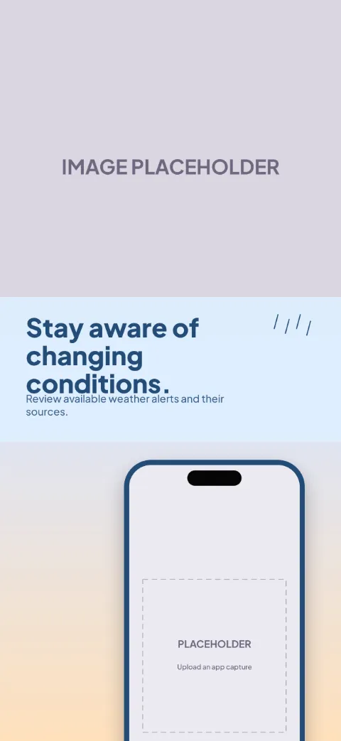 Forecast View slide 5 (closing): “Stay aware of changing conditions.” over a light gradient background with a alerts screen slot and rain strokes.