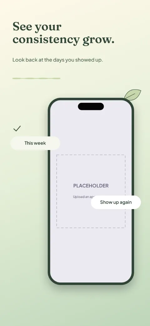 Gentle Rhythm slide 4 (personalisation): “See your consistency grow.” over a light gradient background with a calendar screen slot and progress dots.