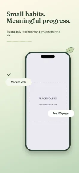 Gentle Rhythm wellness screenshot template: five slides, soft sage, one hero phone with two subordinate progress cards.