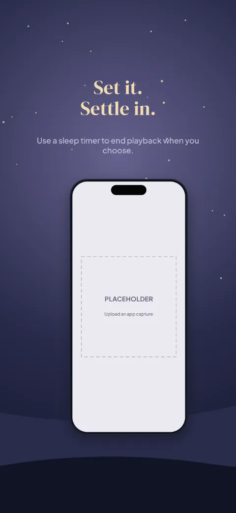Moonlit slide 4 (personalisation): “Set it. Settle in.” over a dark radial background with a timer screen slot and star field.