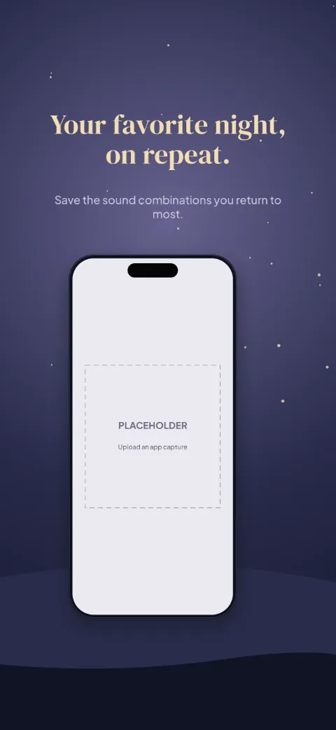 Moonlit slide 5 (closing): “Your favorite night, on repeat.” over a dark radial background with a saved mixes screen slot and star field.