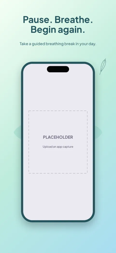 Open Air slide 1 (promise): “Pause. Breathe. Begin again.” over a light gradient background with a exercise library screen slot and petal rosette.