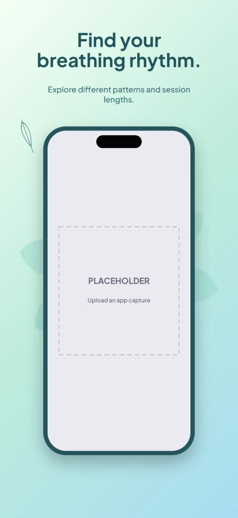 Open Air slide 2 (primary feature): “Find your breathing rhythm.” over a light gradient background with a breathing player screen slot and petal rosette.