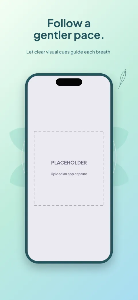 Open Air slide 3 (secondary feature): “Follow a gentler pace.” over a light gradient background with a pattern settings screen slot and petal rosette.