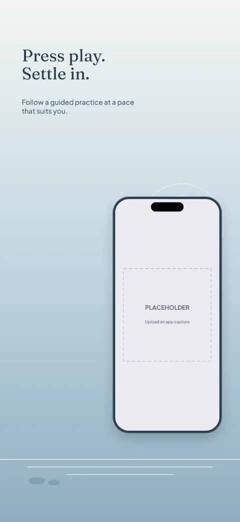 Still Space slide 3 (secondary feature): “Press play. Settle in.” over a light gradient background with a player screen slot and concentric circles.