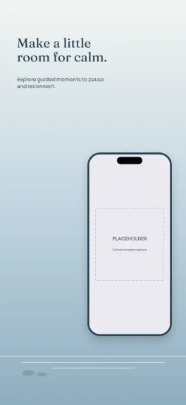 Still Space wellness screenshot template: five slides, misty blue, spacious type, quiet horizons, one small phone.