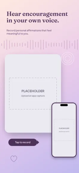 Your Own Voice wellness screenshot template: five slides, rose-lilac, sound waves, a large crop of the recorder with a small full phone.