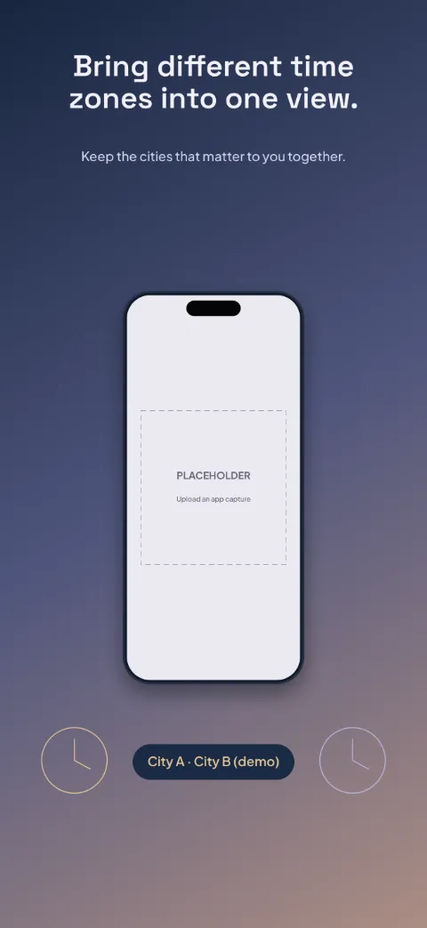 Time Together slide 1 (promise): “Bring different time zones into one view.” over a dark gradient background with a cities screen slot and day-night arc.