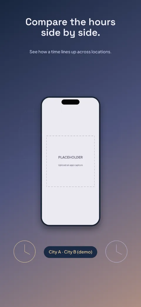 Time Together slide 3 (secondary feature): “Compare the hours side by side.” over a dark gradient background with a comparison screen slot and day-night arc.