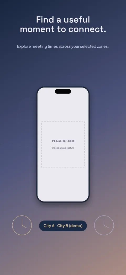 Time Together slide 4 (personalisation): “Find a useful moment to connect.” over a dark gradient background with a meeting planner screen slot and day-night arc.